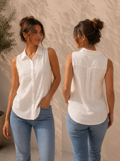 Camisa sin Mangas Corazones Bordados