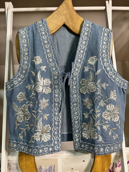 Chaleco boho flores  metalizadas