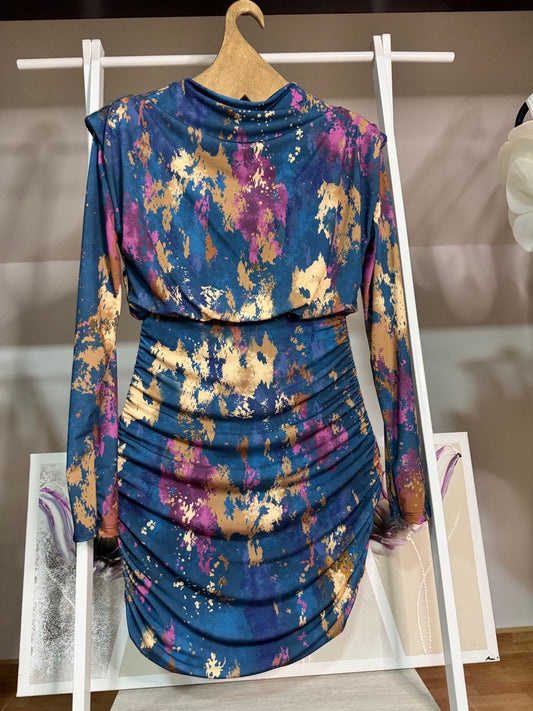 Watercolor print dress with shoulder pads