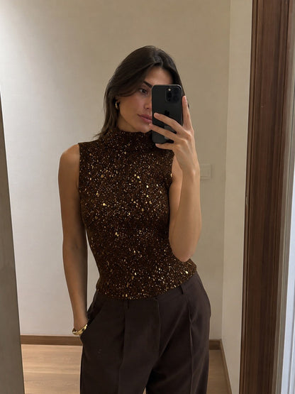 Brown ribbed top with golden drops