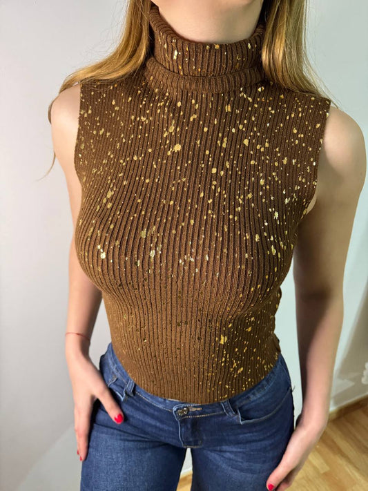 Brown ribbed top with golden drops