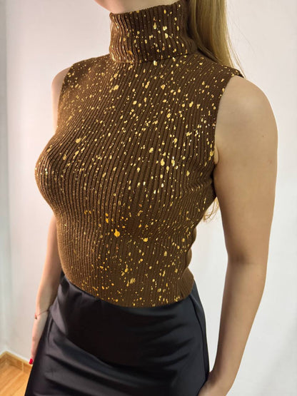 Brown ribbed top with golden drops